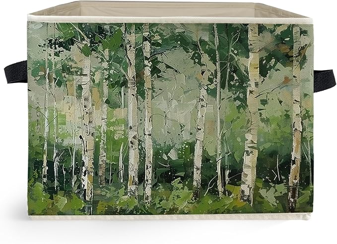 Modern Abstract Birch Tree Storage Box Bins, Green Forest Nature Landscape Collapsible Storage Basket Organizer for Bedroom L