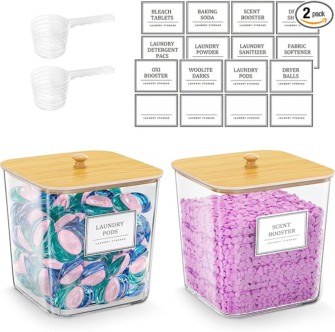 HomePekite 2 Pack Laundry Pods Container,Laundry Room Organization and Storage Containers with Wooden Lids & Labels Large Lau