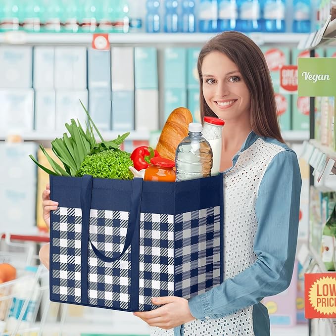 WOWBOX Reusable Grocery Bags,4-Pack, Foldable Reusable Shopping Tote Bags bulk with Reinforced Handles,Large Storage Bags with Water Resistant Coating for Groceries,Multipurpose,Blue-White