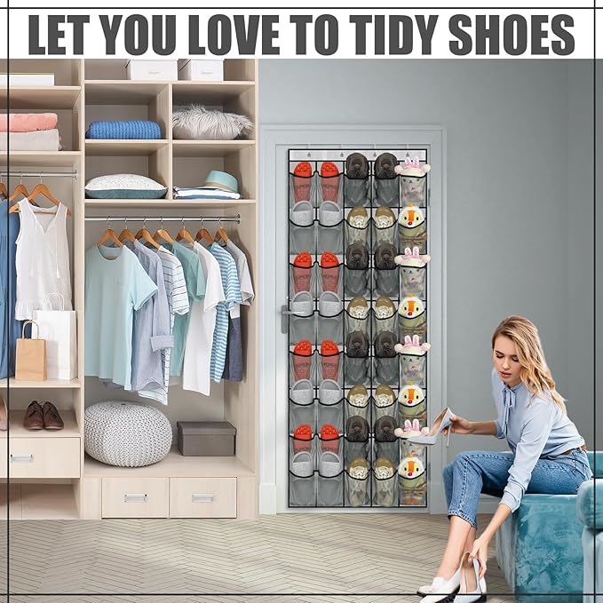 Windyun 40 Over The Door Shoe Organizer, Large Mesh Pocket Hanging Shoe Rack Hanger Large Capacity Gray Behind The Door Stora