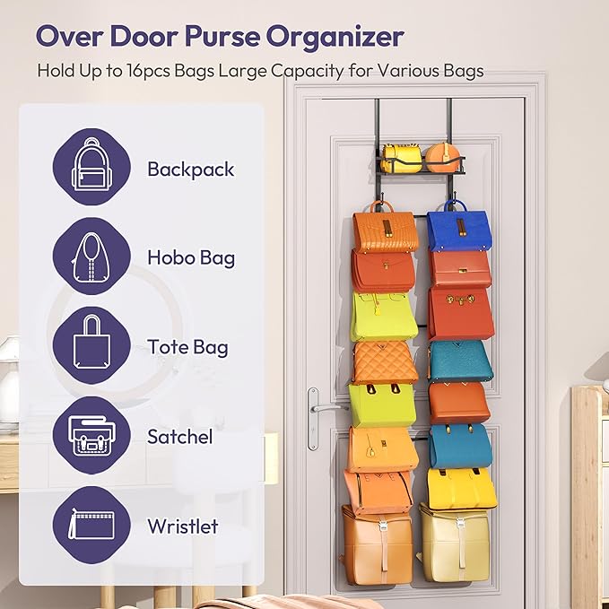 SWTYMIKI Over The Door Purse Organizer - Wall Mounted Purse Rack with 16 Hooks and Metal Basket, Handbag Hanger Organizer Hol