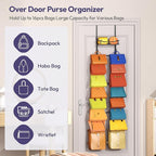 SWTYMIKI Over The Door Purse Organizer - Wall Mounted Purse Rack with 16 Hooks and Metal Basket, Handbag Hanger Organizer Hol