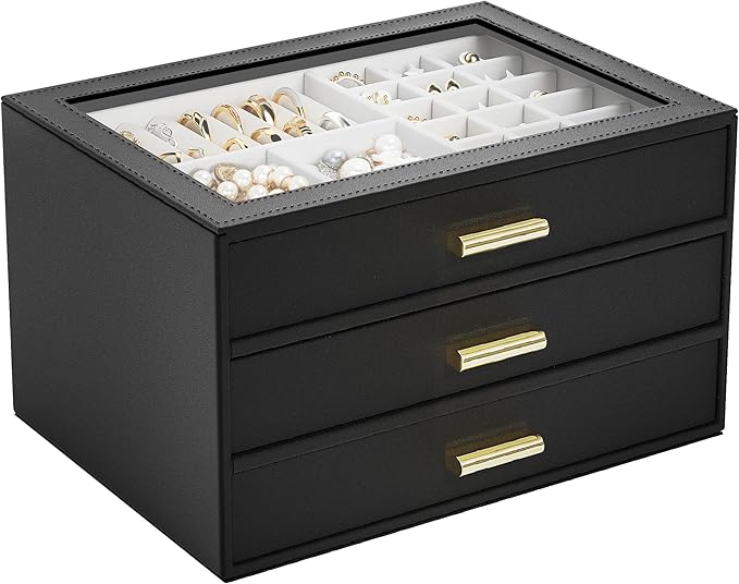 AKOZLIN Jewelry Box with Clear Lid Functional Leather Jewelry Storage Organizer Case 3 Drawers for Women Girls Necklace Ring 