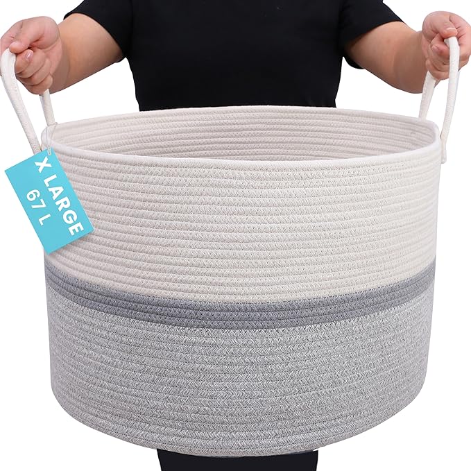 OrganiHaus Large Woven Storage Basket for Blankets and Toys 20" x 13" Inch, Rope Laundry Basket with Handles, Cushions & Pill