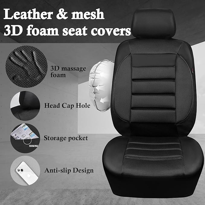 CAR PASS Breatherable Air Mesh Car Seat Covers Full Set, 3D Foam Back Support Automotive Seat Covers, All Season Car Seat Cov