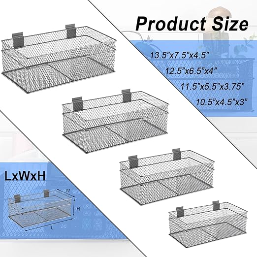 Barydat 4 Pcs Slatwall Basket Set Ventilated Metal Slatwall Basket Hanging Wire Bins Wall Mounted Accessories for Panel Garag