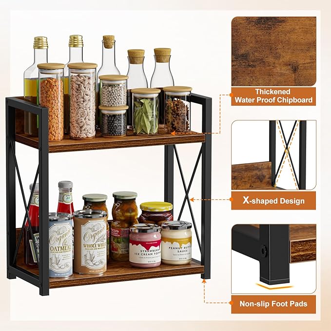 Giikin Kitchen Counter Shelf, Kitchen Countertop Organizer, 2 Tier Spice Rack for Counter, Wood Coffee Bar Organizer for Coff