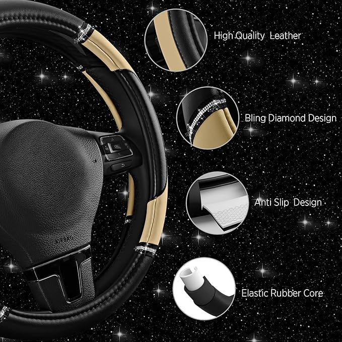 Road Comforts Leather Steering Wheel Cover - Made with PVC Leather - Anti-Slip, Universal Fit 14 1/2 inches to 15 inches - Be