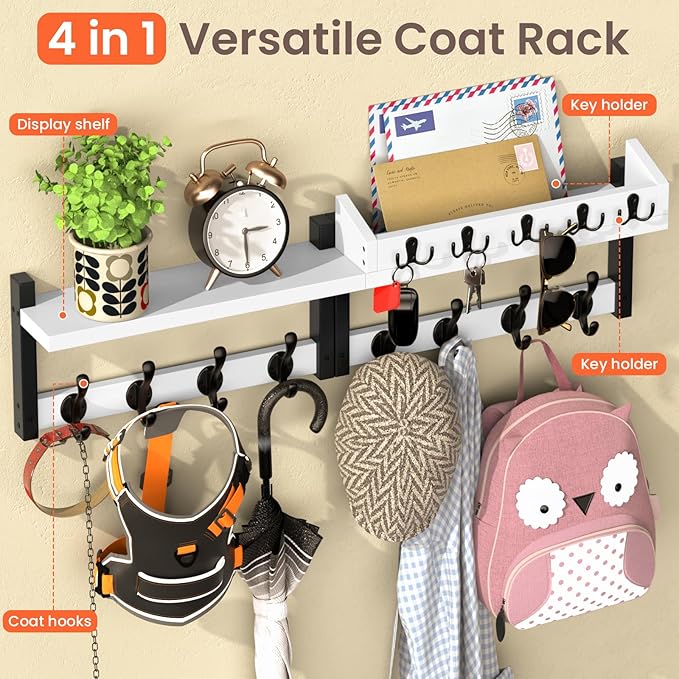 35'' White Coat Rack Wall Mount with Shelf, Solid Wood Coat and Key Hanger with 13 Metal Hooks, Farmhouse Wall Organizer for 