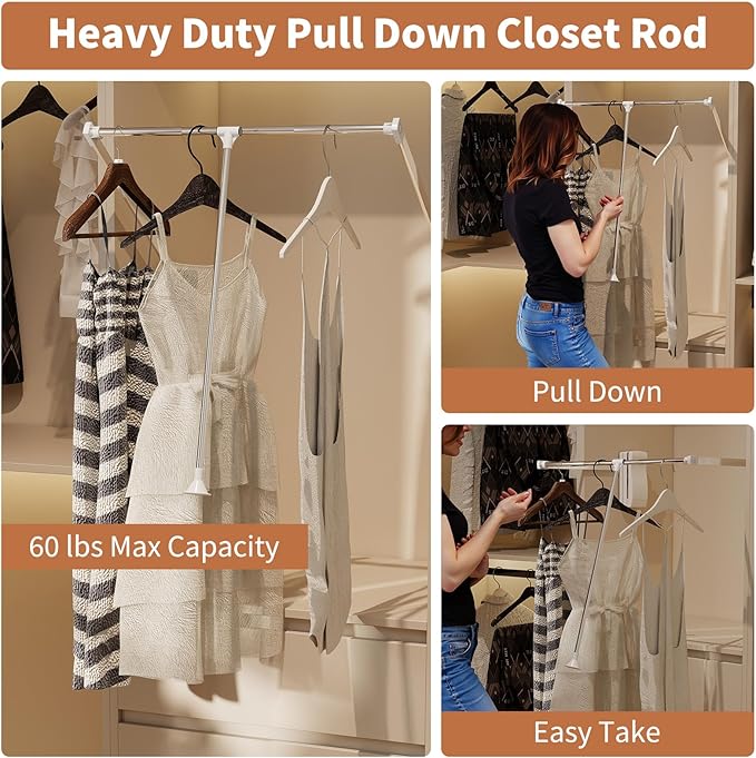 tonchean Heavy Duty Pull Down Closet Rod White, 60 Lbs Load Capacity, Adjustable 33-45 Inch Closet Rods for Hanging Clothes T