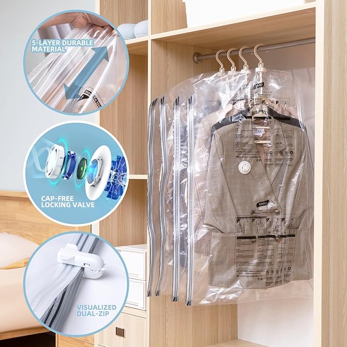 Hanging Vacuum Storage Bags, 6 Pack (41.3 x27.6 inch), Vacuum Seal Bags for Clothing, Garment Bags for Short Clothses, Jacket