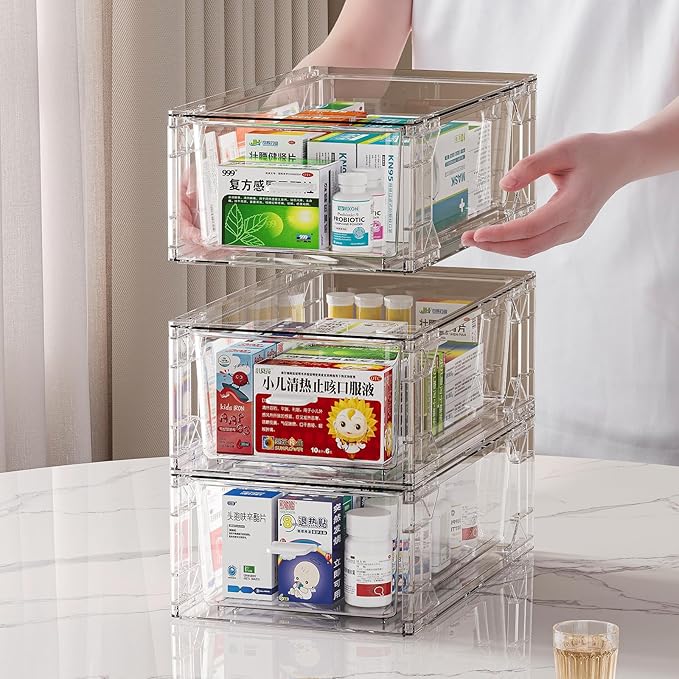 4 pack clear Drawer-Type Plastic Storage Box Bins Organizer，Family First Aid Kits Medicine cabinet Box Organizer,Closet ，Shel