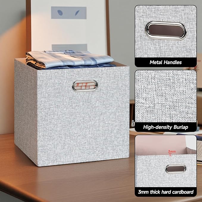 Posprica Collapsible Storage Bins,13×13 Foldable Storage Cube Boxes Fabric Drawer Fabric Storage Bins Vinyl Record Woven Gray