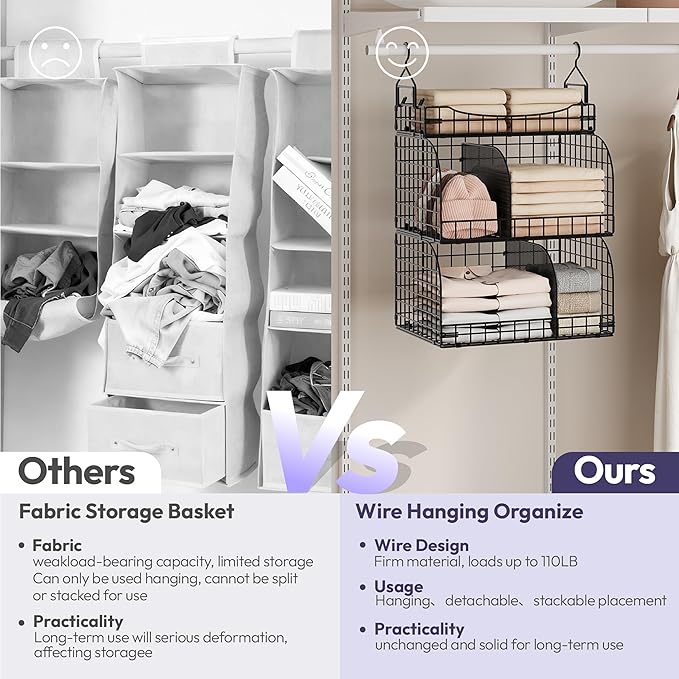 SWTYMIKI Hanging Closet Organizer Storage - 3 Tier Metal Stackable Hanging Closet Shelves with Dividers and S Hooks, Foldable
