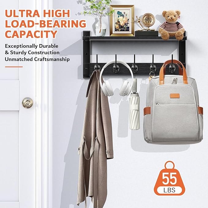 Oraich Wall Hooks with Shelf, Coat Rack Wall Mount, Entryway Hanging Shelf for Clothes Backpack Key Purse, Shelf with Hooks H