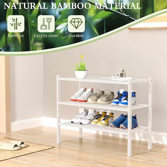 ROMGUAR CRAFT 3 Tier Bamboo Shoe Rack for Closet Free Standing Wood Shoe Shelf Storage Organizer for Entryway Small Space Sta