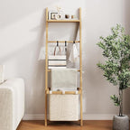 63" Bamboo Blanket Ladder with Shelf, Fabric Basket and 5 Hooks, 4 Tier Leaning Blanket Rack, Farmhouse Towel Ladder Rack, De