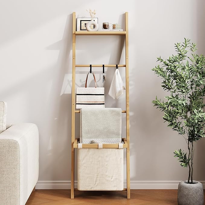 63" Bamboo Blanket Ladder with Shelf, Fabric Basket and 5 Hooks, 4 Tier Leaning Blanket Rack, Farmhouse Towel Ladder Rack, De