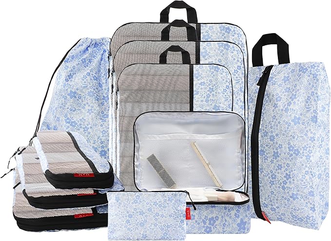 U+U 10 Set Compression Packing Cubes - Ultralight Travel Organizers with Laundry Bag and Cosmetic Bag, Space-Saving Suitcase 