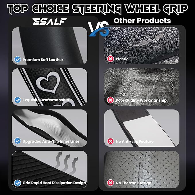 Ventilated Heart-Shaped Steering Wheel Cover with Anti-Slip Leather Grip. Compatible with Ford, Toyota, Honda, Nissan, and Ch