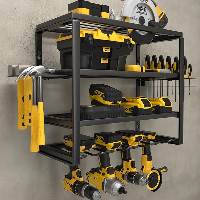 YYR 4 Layer Power Tool Organizer Wall Mount, Cordless Drill Hanger Storage Rack, Battery Tools Holder with Charging Station S