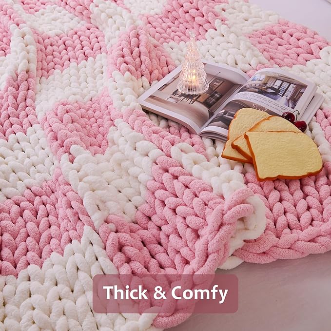 Admitrack Chunky Knit Blanket Throw 51"x63", 100% Hand Knit Chenille Throw Blanket for Sofa & Home Decor, Soft and Cozy Knitt