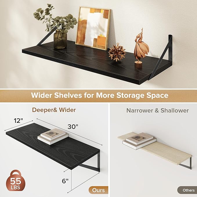 Deep Floating Shelves Wall Mounted, 30"x12" Black Wall Shelves with Brackets Set of 2 for Bedroom, Living Room, Bathroom, Kit