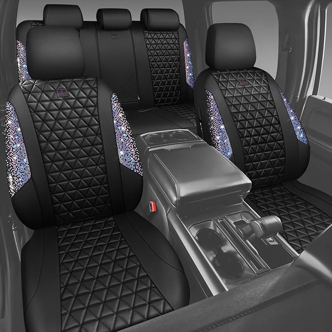 CAR PASS Bling Diamond Black Leather Car Seat Covers Full Set Interior Sets, Waterproof Shining Glitter Sparkly Crystal Armre