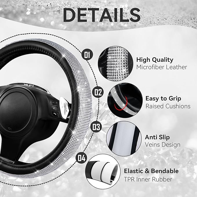 CAR PASS Bling Diamond Leather Steering Wheel Cover 14.5in-15in Floor Mats Shining Rhinestone Carpet Sparkly Glitter Crystal Anti-Slip Pad Fit Automotive SUV Pickup Truck Girl Women, 5pcs Black Sliver