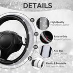 CAR PASS Bling Diamond Leather Steering Wheel Cover 14.5in-15in Floor Mats Shining Rhinestone Carpet Sparkly Glitter Crystal Anti-Slip Pad Fit Automotive SUV Pickup Truck Girl Women, 5pcs Black Sliver
