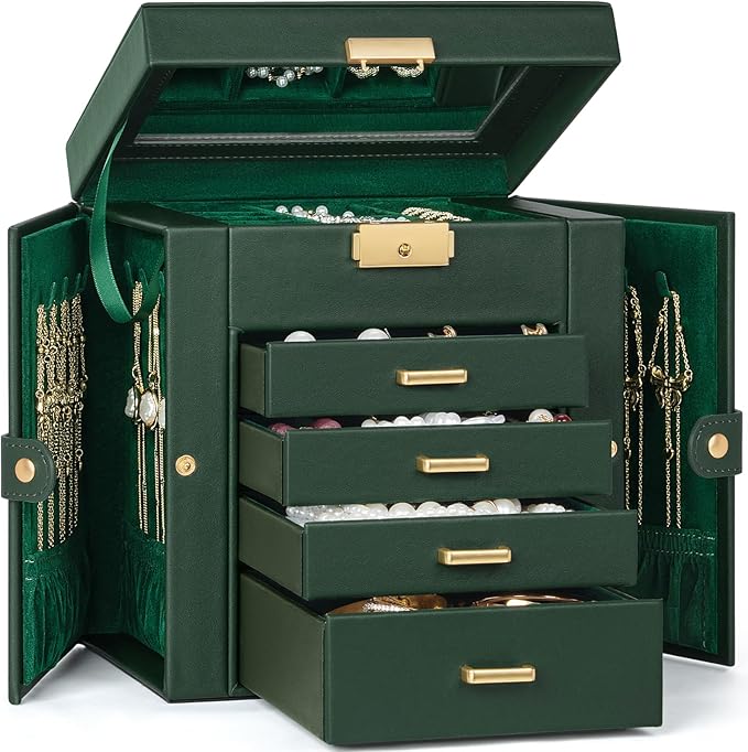TORIBIO Jewelry Box for Women, Leather Jewelry Organizer with Mirror & Lock, 5-Tier Jewelry Storage Organizer with 4 Drawers 