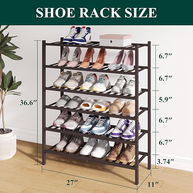Smiry Bamboo Shoe Rack for Closet, 6 Tier Wooden Stackable Shoe Organizer, Free Standing Shoes Storage Shelf for Entryway, Fr