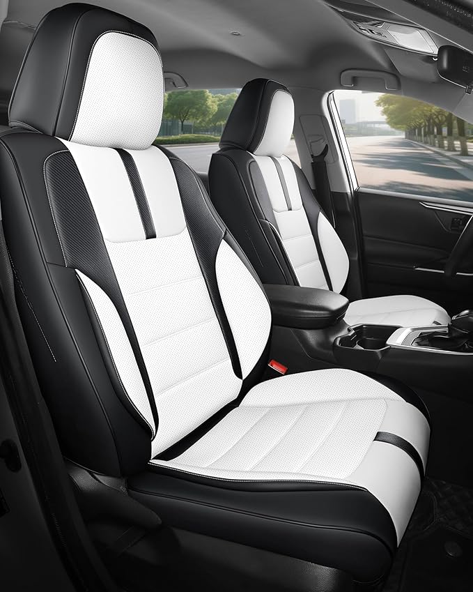 FREESOO Black White Front Car Seat Covers - Faux Nappa Leather Seat Covers for Cars, with Carbon Fiber Texture Seatbelt Pads,