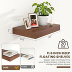 Deep Floating Shelves | 16 Inch Walnut Floating Shelves Set of 2 | 12 Inch Deep Rustic Wood Shelves for Wall | Walnut Shelves