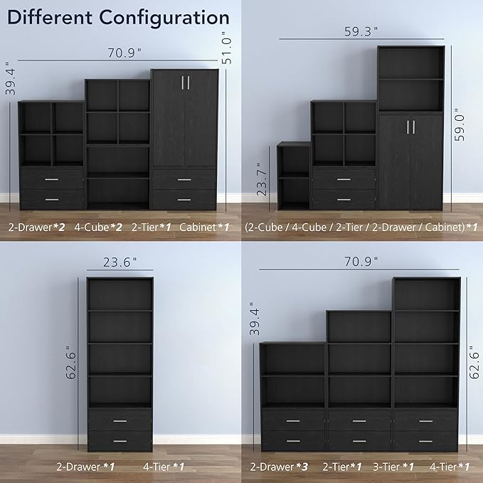 Homes: Inside + Out Apexa 3-Cube Storage Organizer Shelves, Stackable Wood Bookcase Fits Cubby Bins for Organization, Dorm Te