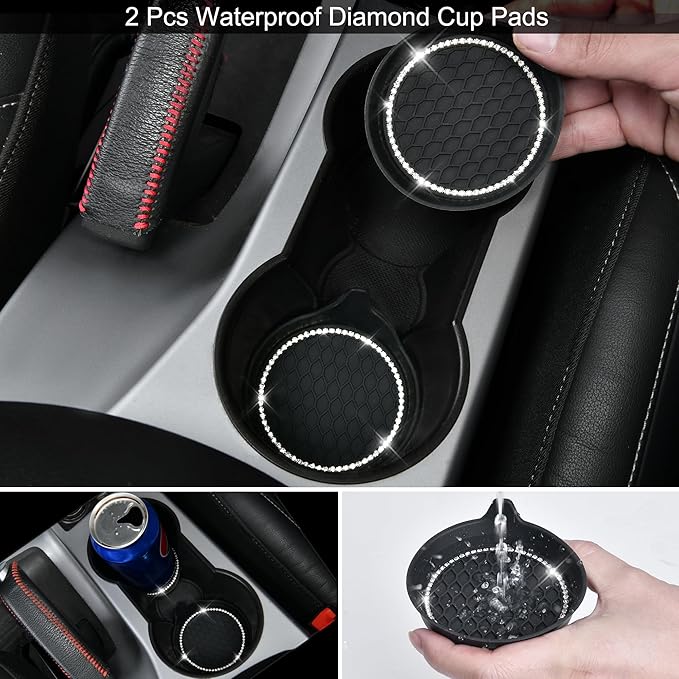 CAR PASS 30 PCS Bling Diamond Car Accessories Set for Women, Bling Steering Wheel Covers 15 Inch, Shining Rhinestone License Plate Frame, Sparkly Phone Holder, Cute Interior Set Decorations, Silver