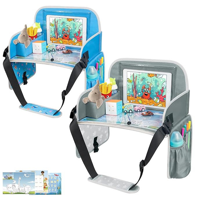 MENZOKE Kids Travel Tray for Boys or Girls, Travel Tray for Kids Car Seat with Tablet Holder, Dry Erase Board & Cooler Cup Ho