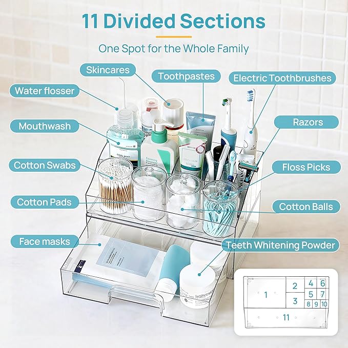 Vtopmart 6 PCS Bathroom Countertop Organizer, 1 Divided Tray with 4 Qtip Holder Jars and 1 Drawers, Restroom Clear Organizers