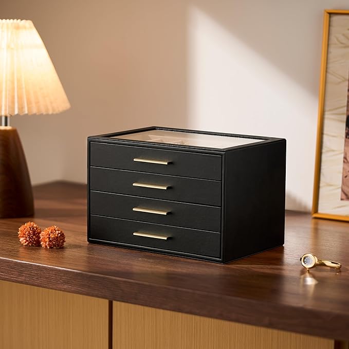 pickpiff Jewelry Box Organizer Case for Women: 4-Layer Jewelry Storage Case with Glass Window, Black Leather with Blush Velve