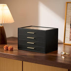 pickpiff Jewelry Box Organizer Case for Women: 4-Layer Jewelry Storage Case with Glass Window, Black Leather with Blush Velve