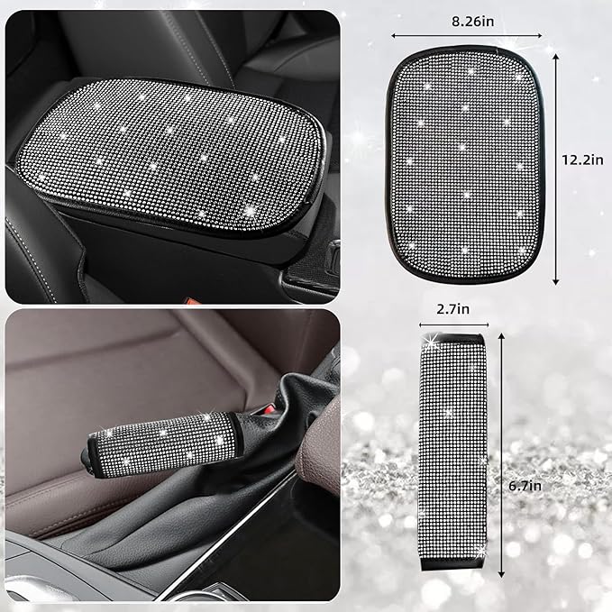 NBTEPEM 30 Pcs Bling Car Accessories Set for Women, Silver Steering Wheel Cover Set, Bling Console Cover, Seat Belt Cushion, Shift Knob Cushion, Cup Holder Coaster, Rhinestone Car Hanging Accessories