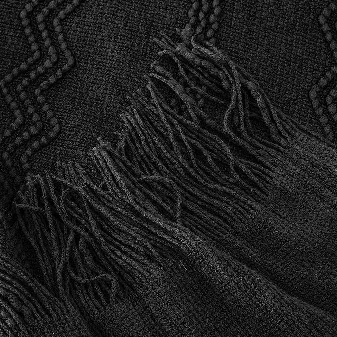 BATTILO HOME Black Throw Blanket with Fringe, Bed Throws for Home Decor, Decorative Black Knit Throw for Couch Sofa, 50"x60"