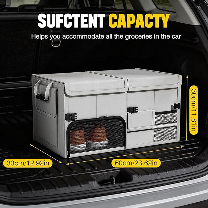 Foldable Car Trunk Organizer with Multi-Compartment - Expandable 30-60L Storage Bin, Side Mesh Pockets, Waterproof 600D Oxford