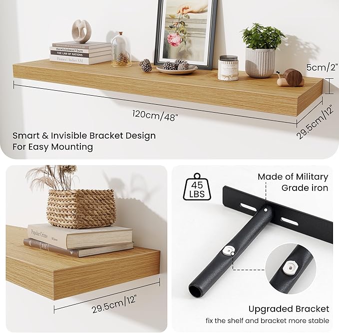 Fun Memories 48 Inch Floating Shelves for Wall - 12 Inch Deep Fireplace Mantel Shelf - Wood Floating Shelf for Wall - Large S