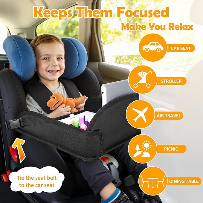 2Pcs Kids Travel Tray for Toddler Carseat, Road Trip Activities Essentials for Toddler, Kids Lap Desk Tray with Tablet Holder Stand ＆ Dry Erase Board (Black-2Pcs)