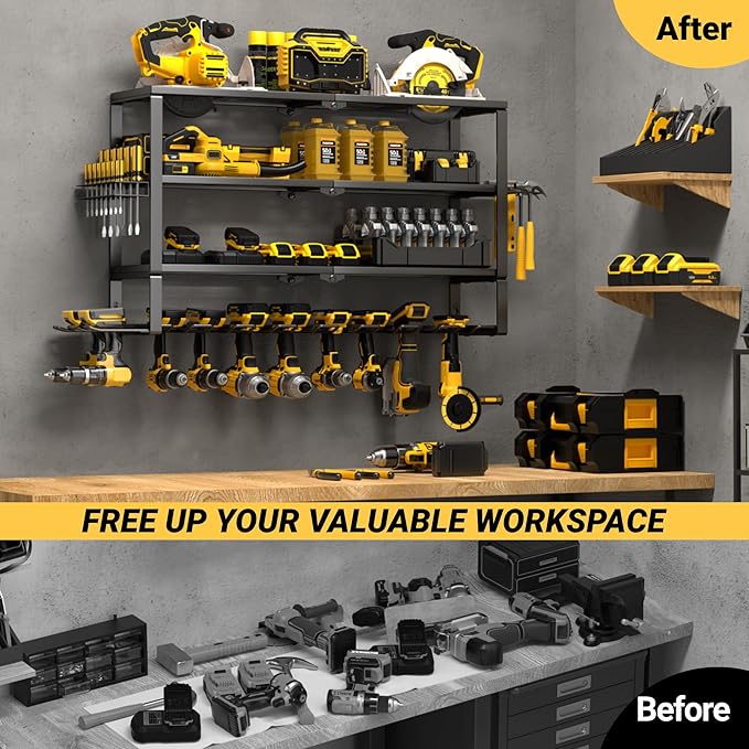 YYR Large Power Tool Organizer Wall Mount, Heavy Duty Metal Cordless Drill Storage Rack with Battery Charging Station Shelf, 