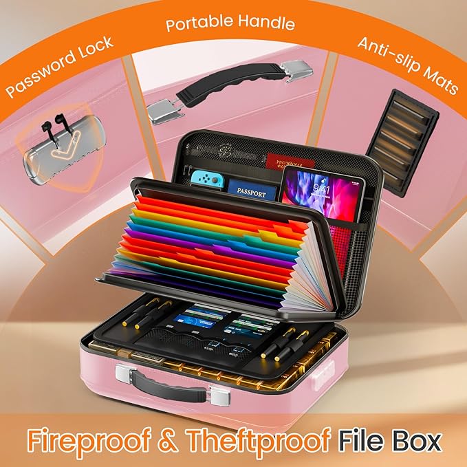 Fireproof Document Box with Lock, 5200°F Fireproof Water Resistant Hard Case File Organizer Safe Box for Important Documents,