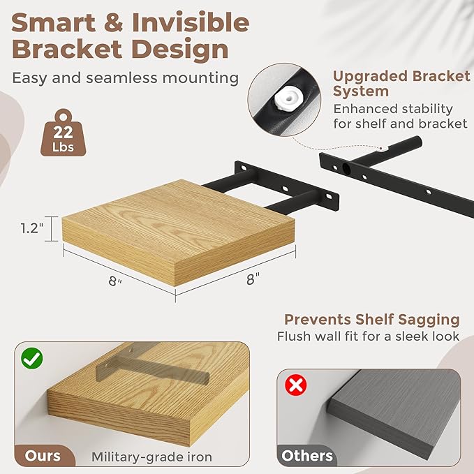 8 Inch Square Floating Shelves for Wall 3 Pack, 8"D Wood Grain Bathroom Shelves with Invisible Brackets, Easy Install Enginee