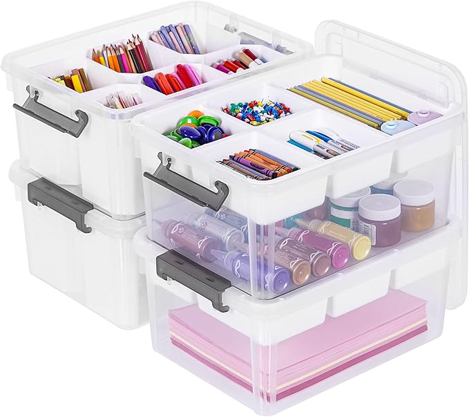 Citylife 17 QT Plastic Storage Box with Removable Tray and 6 Detachable Tall Inserts Craft Organizers and Storage Clear Stora