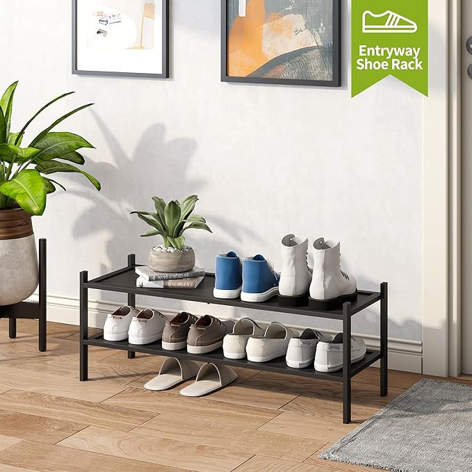 BMOSU 2-Tier Bamboo Extended Shoe Rack Premium Stackable Shoe Shelf Storage Organizer for Hallway Closet Living Room Entryway